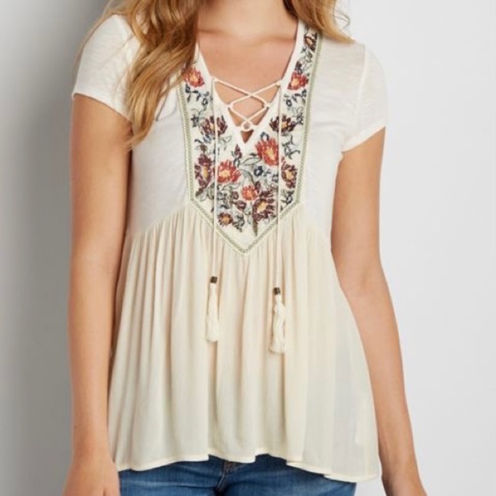 MAURICES✨boho embroidered cream lace up crochet top blouse XL cottagecore